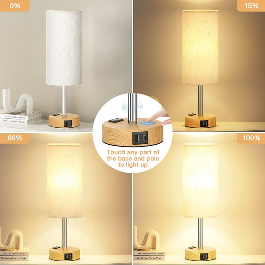 Bedside Table Lamp for Bedroom - 3 Way Dimmable Touch Lamp USB C Charging Ports and AC Outlet